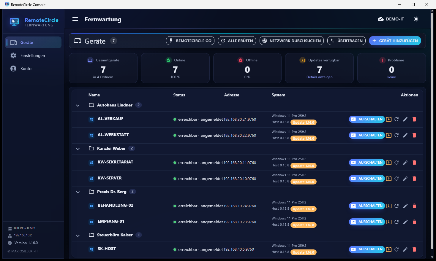 RemoteCircle Console: Geräteliste mit Kundenordnern, Live-Status und Übersichtskarten