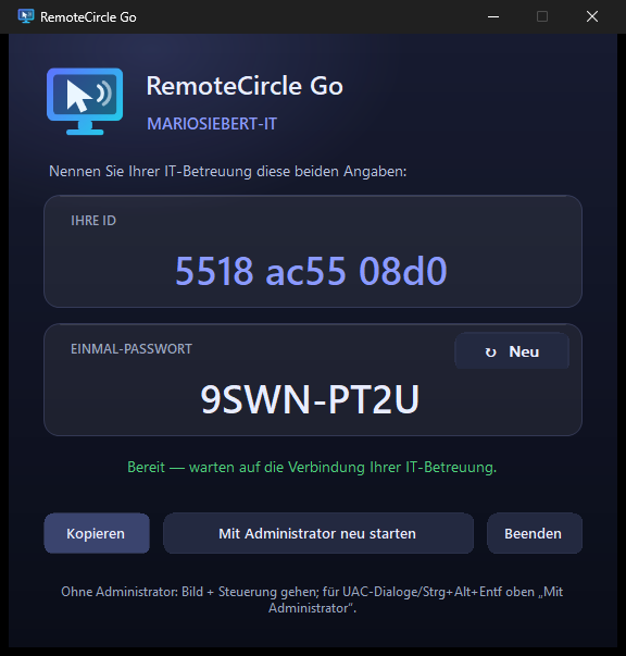 RemoteCircle Go: ID und Einmal-Passwort für spontane Hilfe ohne Installation